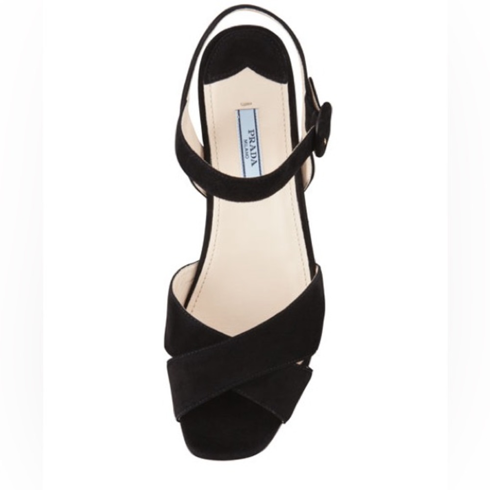 Authentic Prada Platform Suede Crisscross Cutout Wedge Sandal, Black - IT 38